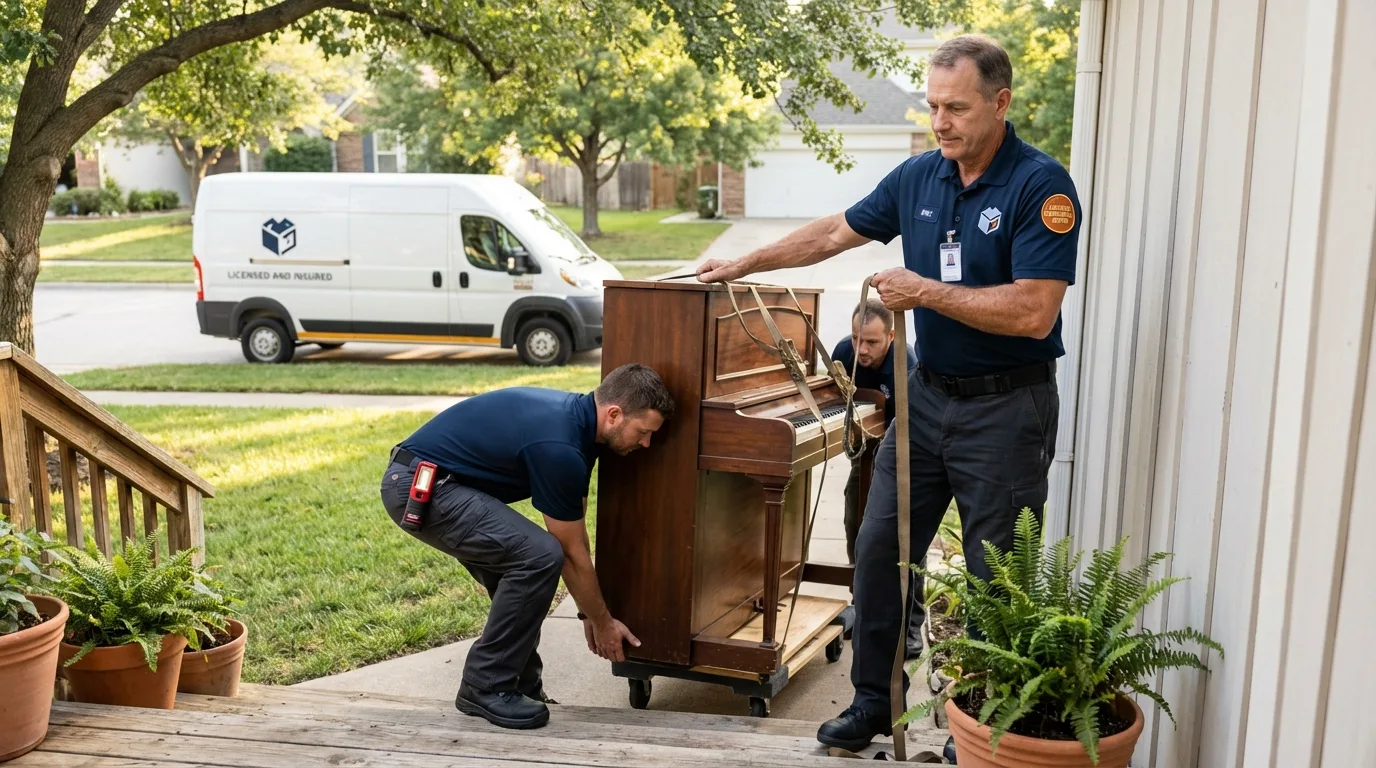 Licensed piano movers securing grand piano in Cadiz, OH