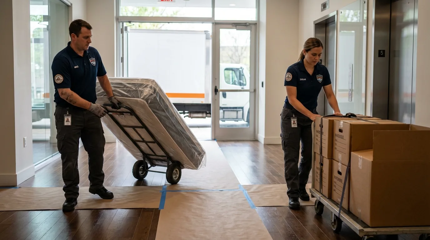 Professional apartment movers loading elevator in Cadiz, OH