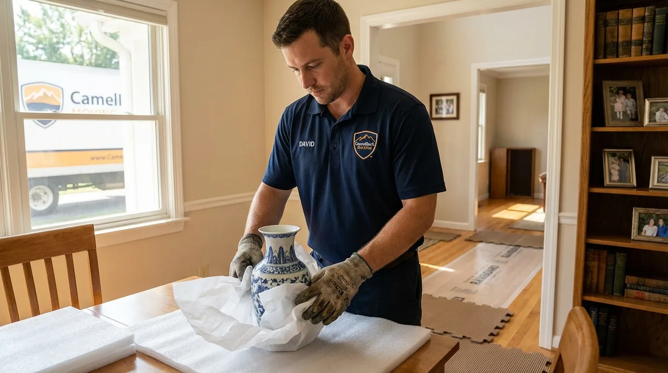 Professional crew carefully wrapping antique vase for senior downsizing move in Cadiz, OH